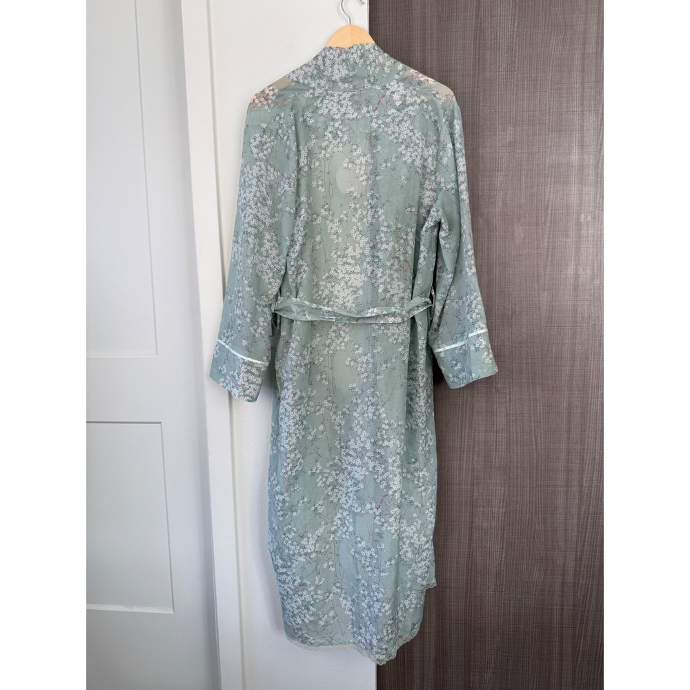 NEW Papinelle Teal Cherry Blossom Maxi Robe Cotton Silk Lace Trim Floral Medium - Picture 8 of 14